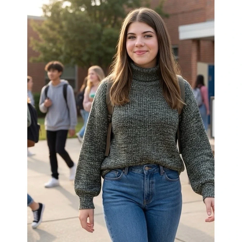 Zenana green turtleneck bubble sleeve sweater medium Academia Indie